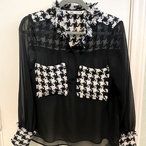 Zara Sheer Black & Houndstooth Blouse - Sz XS